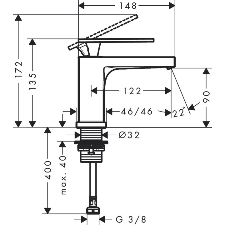 Bateria bez mieszacza 80 EcoSmart+ do wody zimnej lub wstępnie zmieszanej bez kompletu odpływowego, Hansgrohe Tecturis E - Czarn