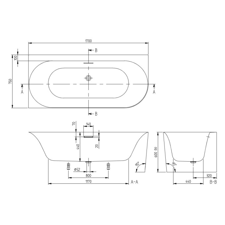 Wanna przyścienna do montażu narożnego po lewej stronie OVAL, 1700 x 750 mm, Villeroy & Boch, Loop & Friends - Weiss Alpin