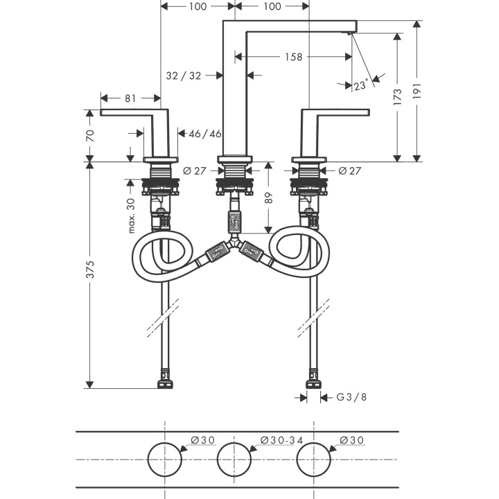 3-otworowa bateria umywalkowa 150 z kompletem odpływowym Push-Open, Hansgrohe Tecturis E - Chrom