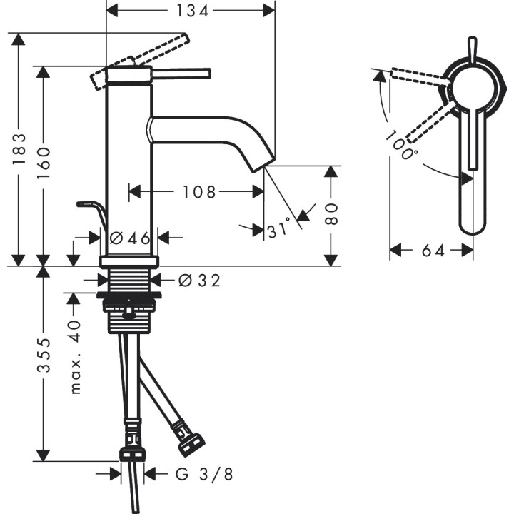 Jednouchwytowa bateria umywalkowa 80 CoolStart z kompletem odpływowym, Hansgrohe Tecturis S - Chrom