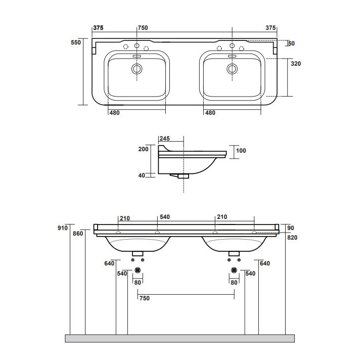 Umywalka podwójna wisząca, KERASAN WALDORF - Biały/Bronzo 