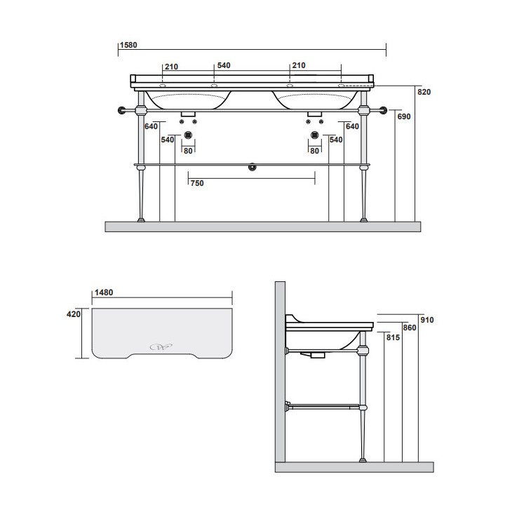 Konsola podłogowa, metalowa ze szklaną półką pod umywalkę, KERASAN WALDORF - Biały/Bronzo