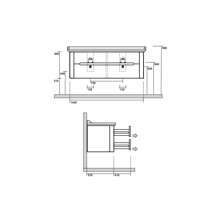 Szafka ścienna do umywalki z czterema szufladami, KERASAN WALDORF - Bianco matt