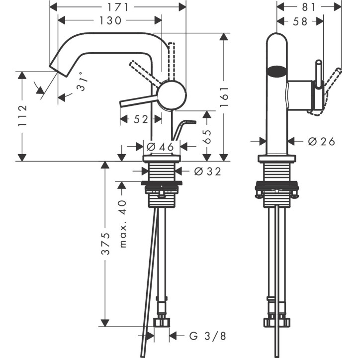 Jednouchwytowa bateria umywalkowa 110 Fine, CoolStart z kompletem odpływowym, Hansgrohe Tecturis S - Chrom  