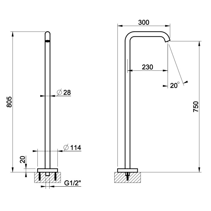 Bateria wannowa wolnostojąca Gessi Bath316, 2 wyjścia wody, zestaw natryskowy, stal szczotkowana