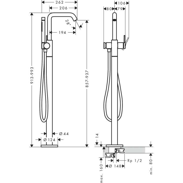 Jednouchwytowa bateria wannowa, wolnostojąca, Hansgrohe Tecturis S - Chrom 