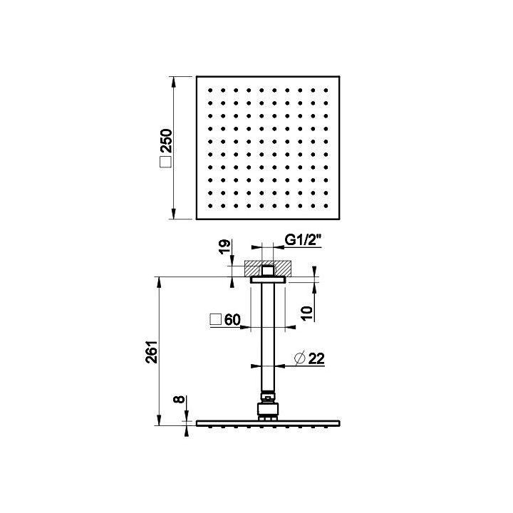 Deszczownica Gessi Rilievo, kwadratowa, 250x250mm, ramię ścienne 389mm, chrom