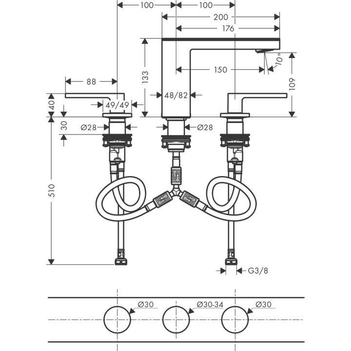 3-otworowa bateria umywalkowa 110 z kompletem odpływowym Push-Open, AXOR MyEdition - Chrom/Lustrzane Szkło  