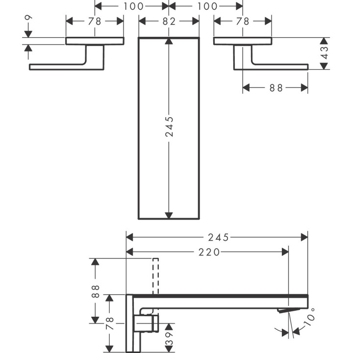 3-otworowa bateria umywalkowa ścienna, podtynkowa z wylewką 221 mm, Hansgrohe AXOR MyEdition - Czarny Matowy/Czarne Szkło 