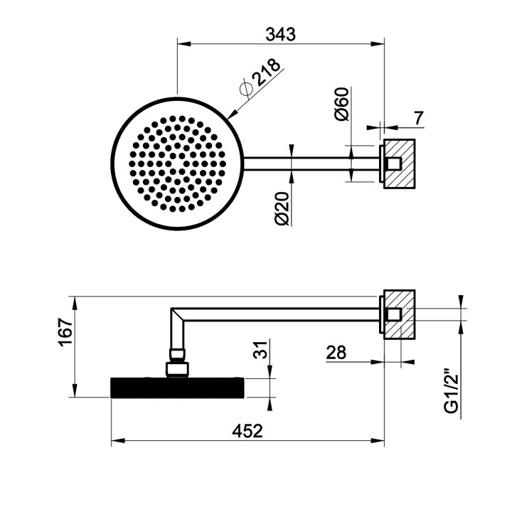 Deszczownica Gessi Anello, okrągła, 218mm, regulowana, z ramieniem ściennym 343mm, chrom