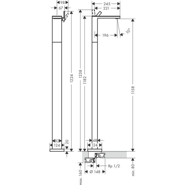 Jednouchwytowa bateria umywalkowa z kompletem odpływowym Push-Open, podłogowa, AXOR MyEdition - Czarny Matowy/Czarne Szkło 
