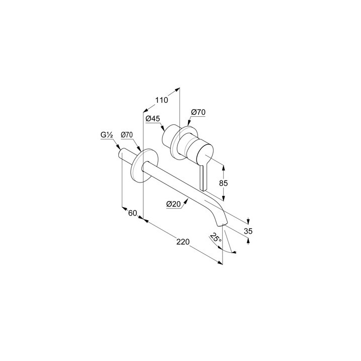 Ścienna bateria umywalkowa, wysięg wylewki 220 mm, KLUDI NOVA FONTE Pura - Chrom