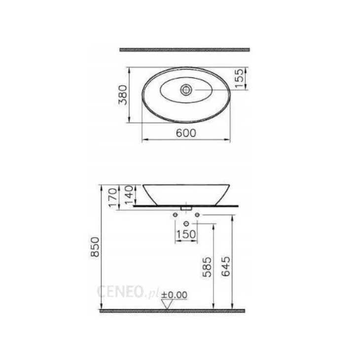 Umywalka nablatowa Vitra Geo Square, 60x38,5cm, kwadratowa, bez otworu na baterię, biała