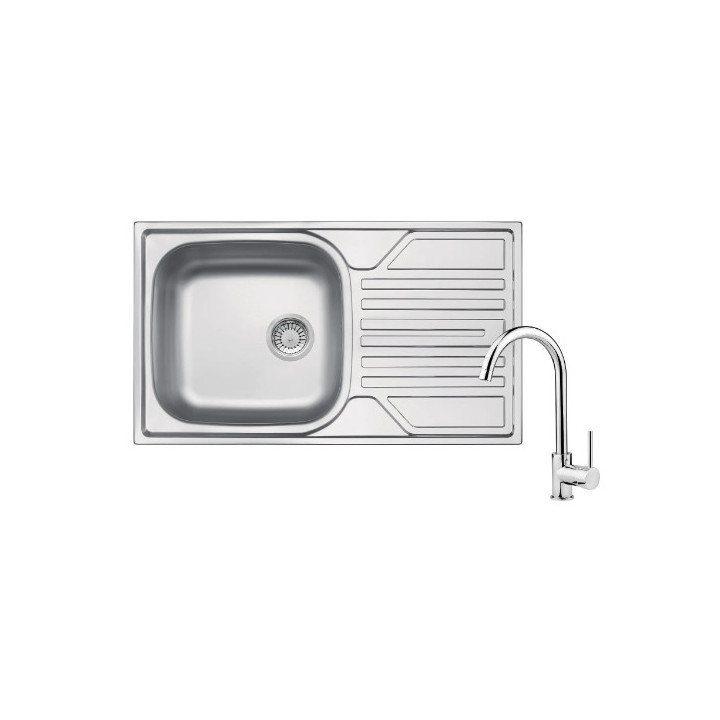 Zlewozmywak stalowy z baterią 1-komorowy z ociekaczem, Deante Legato - Satyna / chrom