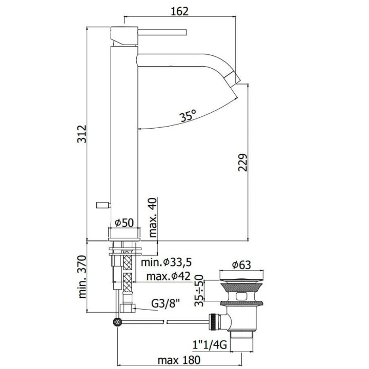 Bateria umywalkowa wysoka stojąca jednouchwytowa, Paffoni Light - Czarna