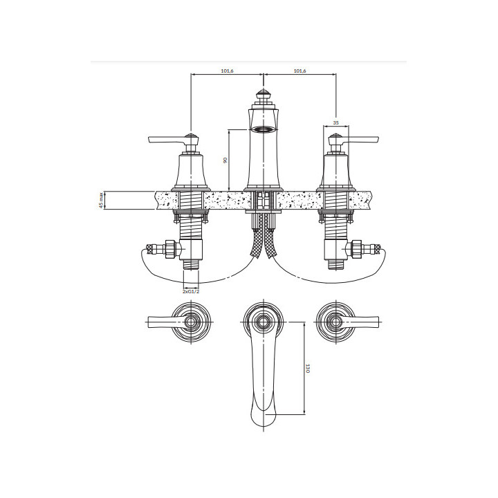 Bateria umywalkowa 3-otworowa, Omnires Armance - Mosiądz szczotkowany
