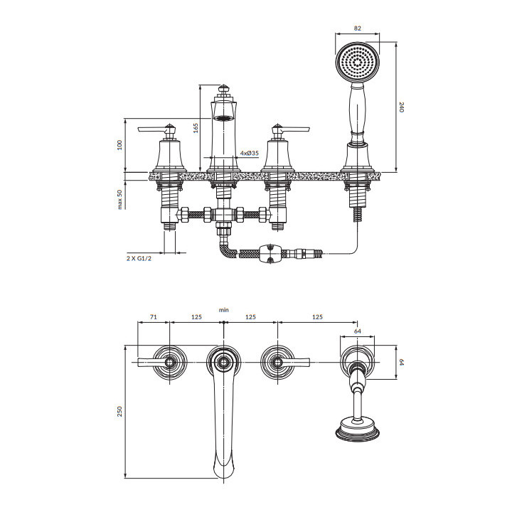 Bateria wannowa 4-otworowa, Omnires Armance - Mosiądz szczotkowany