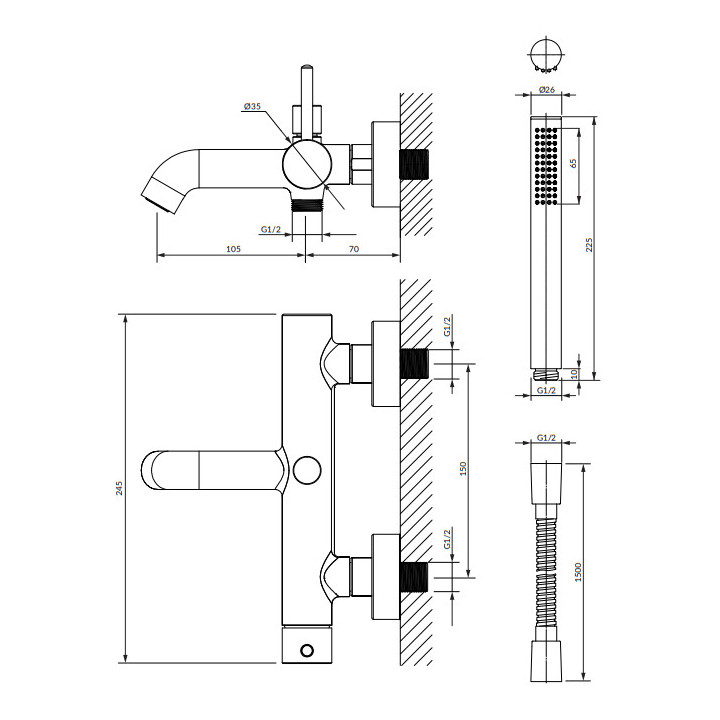 Bateria wannowa z zestawem prysznicowym, Omnires Y - Mosiądz szczotkowany 