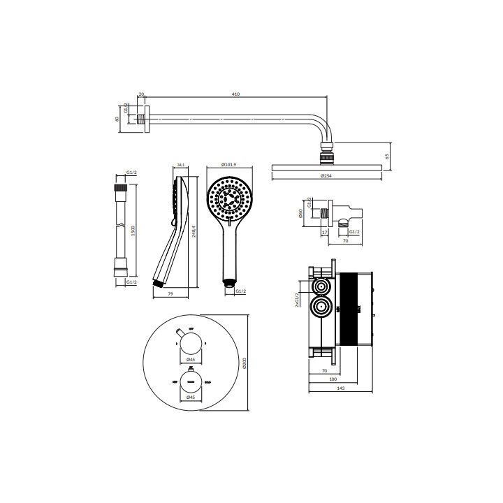 Termostatyczny system prysznicowy podtynkowy, Omnires Y - Mosiądz szczotkowany 