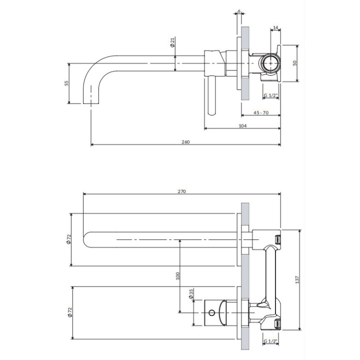 Bateria umywalkowa podtynkowa z długą wylewką, Omnires Y - Mosiądz szczotkowany