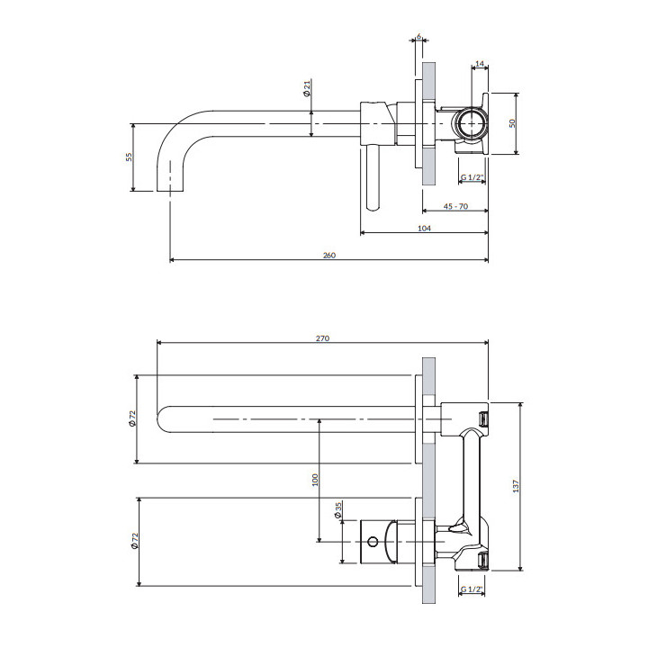 Bateria umywalkowa podtynkowa z długą wylewką, Omnires Y - Miedź szczotkowana