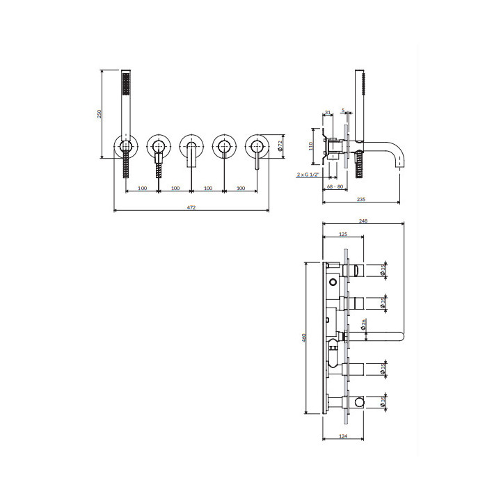 Bateria wannowa 5-otworowa podtynkowa, Omnires Y - Grafit 