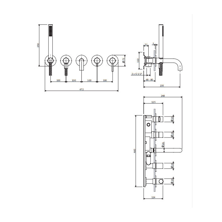 Bateria wannowa 5-otworowa podtynkowa, Omnires Y - Złoty szczotkowany 