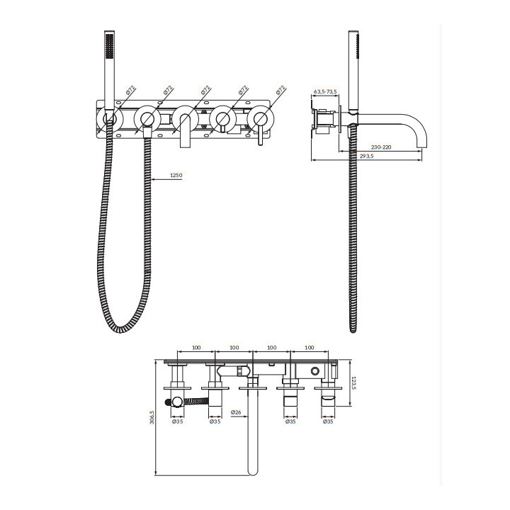 Bateria wannowa 5-otworowa podtynkowa z długą wylewką, Omnires Y - Mosiądz szczotkowany 