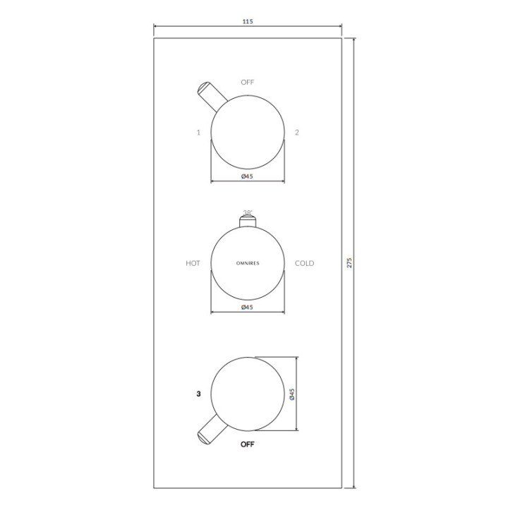 Termostatyczna bateria prysznicowo-wannowa 3-wyjściowa podtynkowa, element natynkowy, Omnires Y - Miedź szczotkowana
