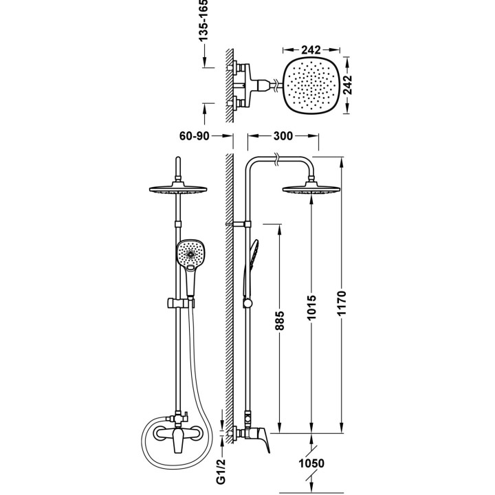 Zestaw baterii jednouchwytowej naściennej 2-drożnej prysznicowej, Tres Canigó - Chrom
