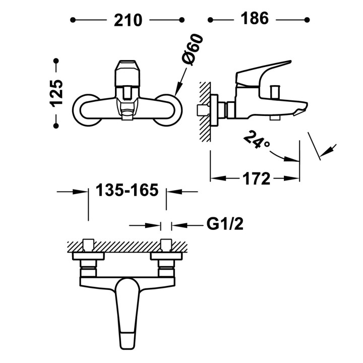 Bateria jednouchwytowa ścienna wannowa i prysznicowa, Tres Canigó - Chrom