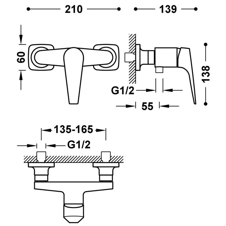 Bateria jednouchwytowa ścienna prysznicowa, Tres Canigó Plus - Chrom