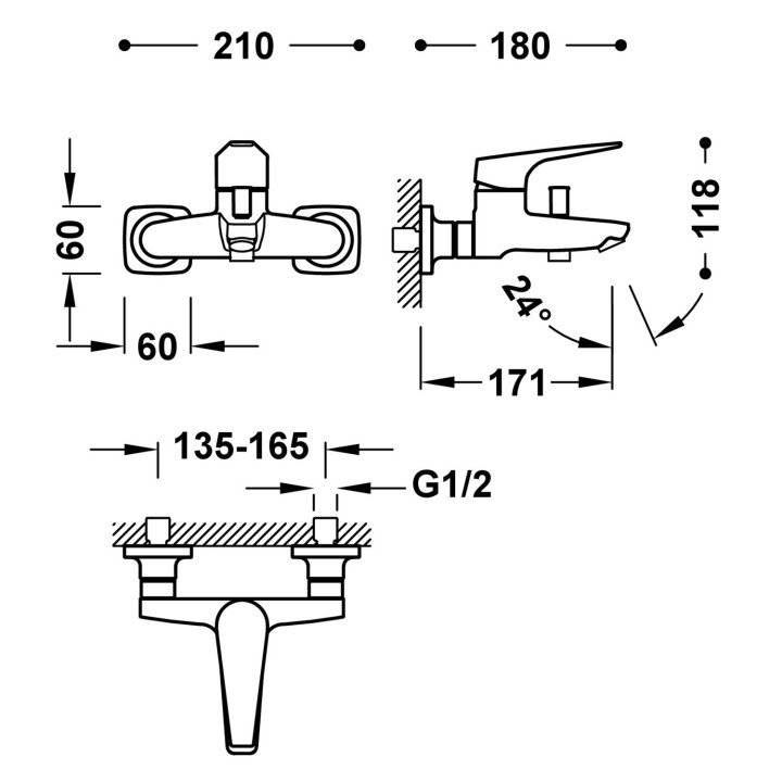 Bateria jednouchwytowa ścienna wannowa i prysznicowa, Tres Canigó Plus - Chrom