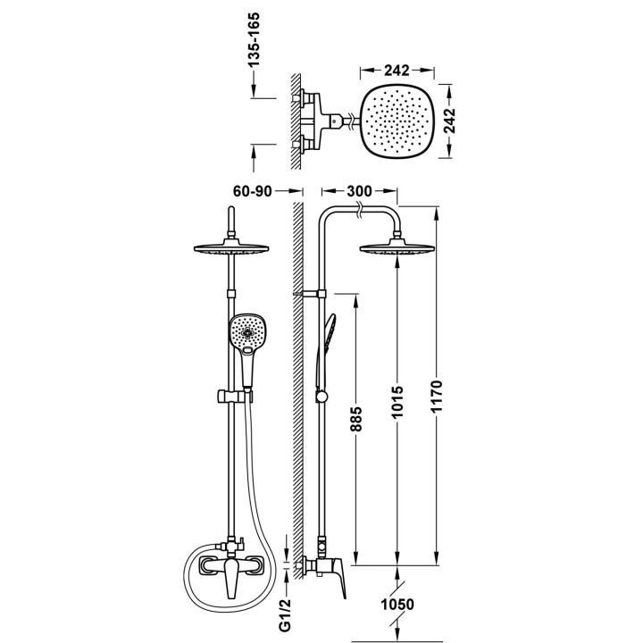 Zestaw baterii jednouchwytowej naściennej 2-drożnej prysznicowej, Tres Canigó Plus - Chrom 