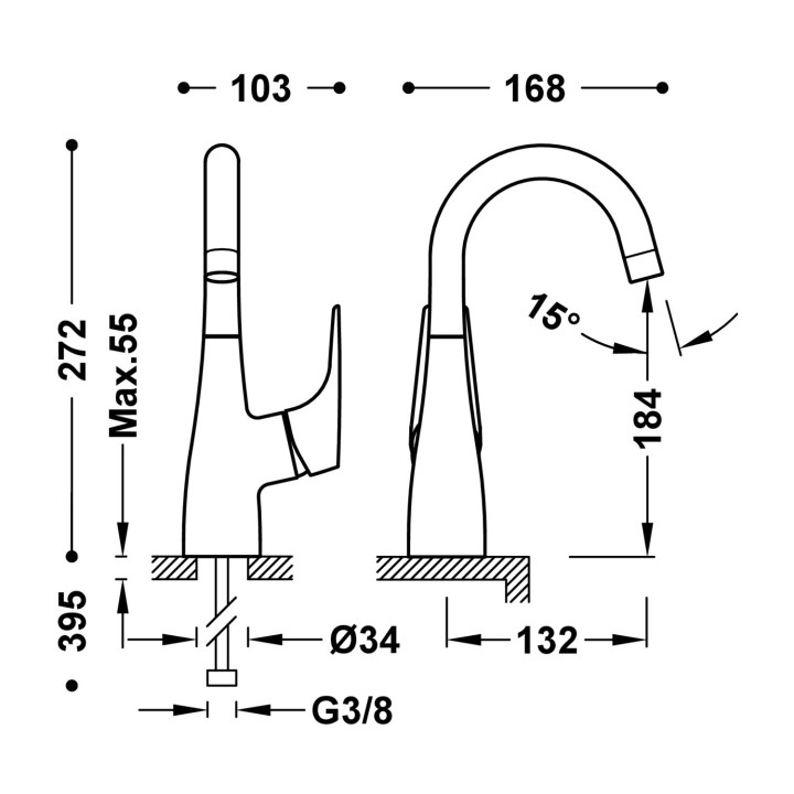 Bateria jednouchwytowa umywalkowa z boczną dźwignią, Tres Canigó Plus - Chrom