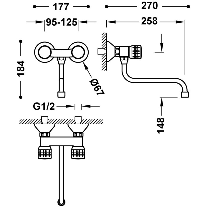 Bateria dwuuchwytowa ścienna kuchenna, Tres Cocina - Chrom