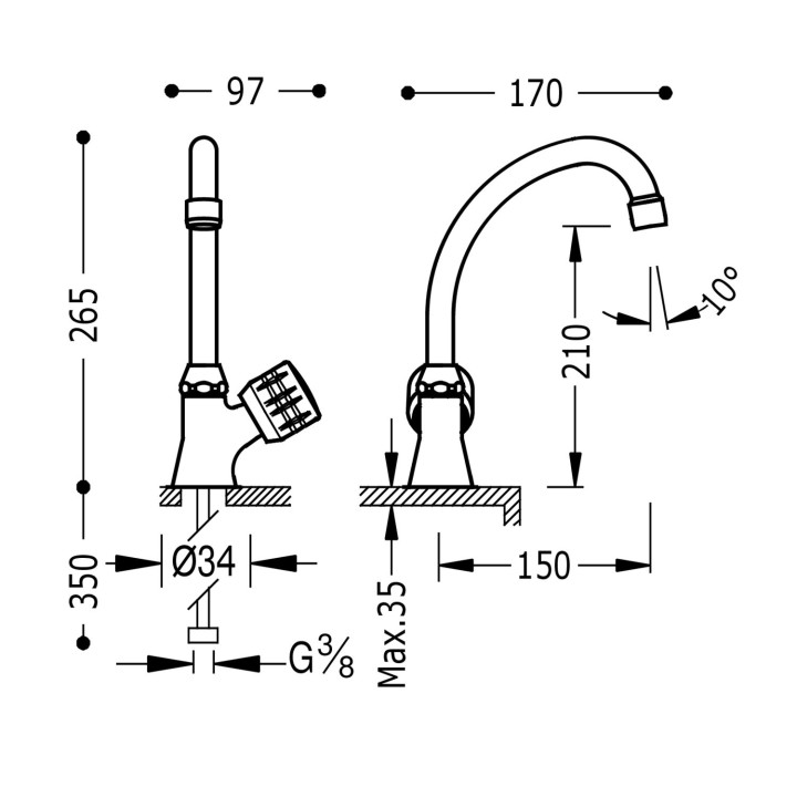 Bateria 1-drożna z pokrętłem bocznym do biura lub pralni, Tres Cocina - Chrom