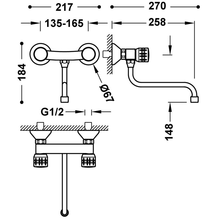 Bateria dwuuchwytowa ścienna kuchenna, Tres Cocina - Chrom