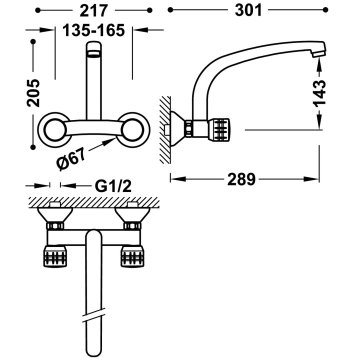 Bateria dwuuchwytowa ścienna kuchenna, Tres Cocina - Chrom