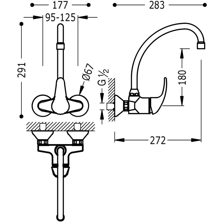 Bateria jednouchwytowa ścienna kuchenna, Tres Cocina - Chrom