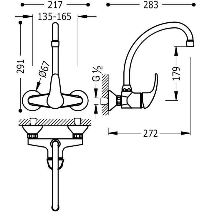 Bateria jednouchwytowa ścienna kuchenna, Tres Cocina - Chrom
