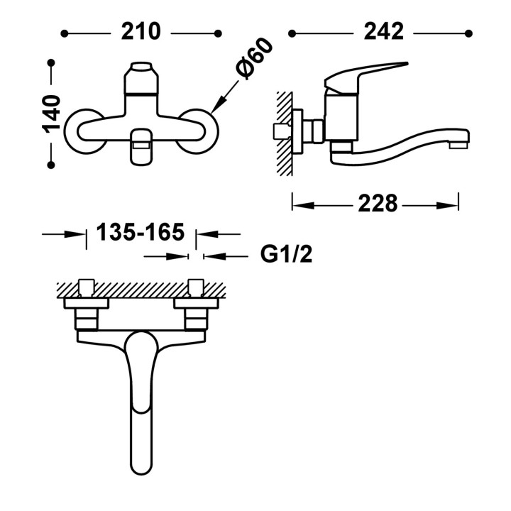 Bateria jednouchwytowa ścienna kuchenna, Tres Cocina - Chrom