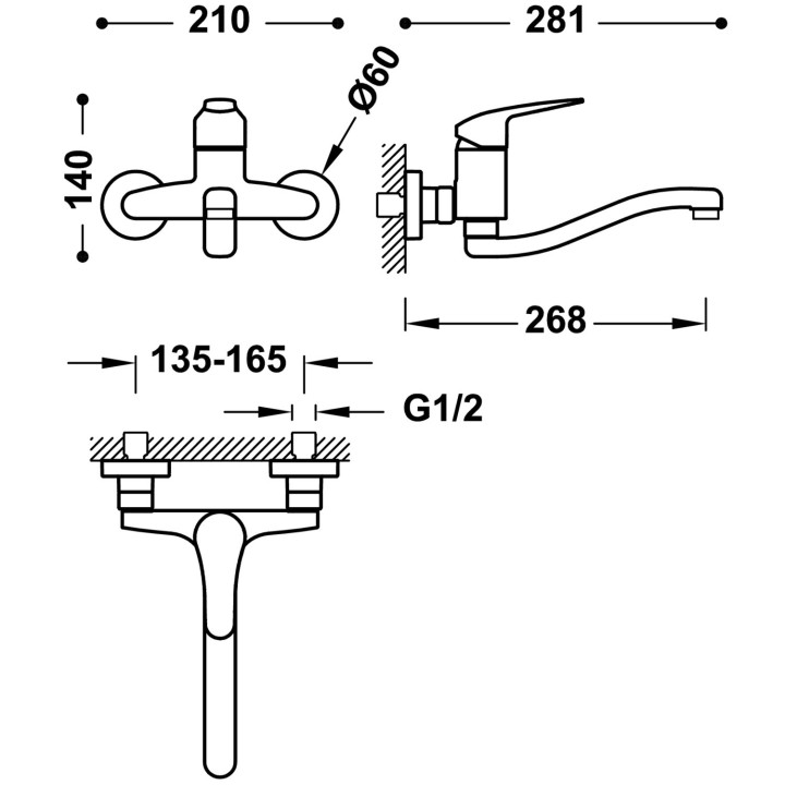 Bateria jednouchwytowa ścienna kuchenna, Tres Cocina - Chrom