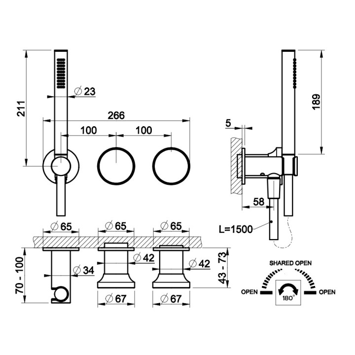 Bateria wannowa 3-otworowa Gessi Origini, podtynkowa, 2 wyjścia wody, wylewka 158-188mm, chrom