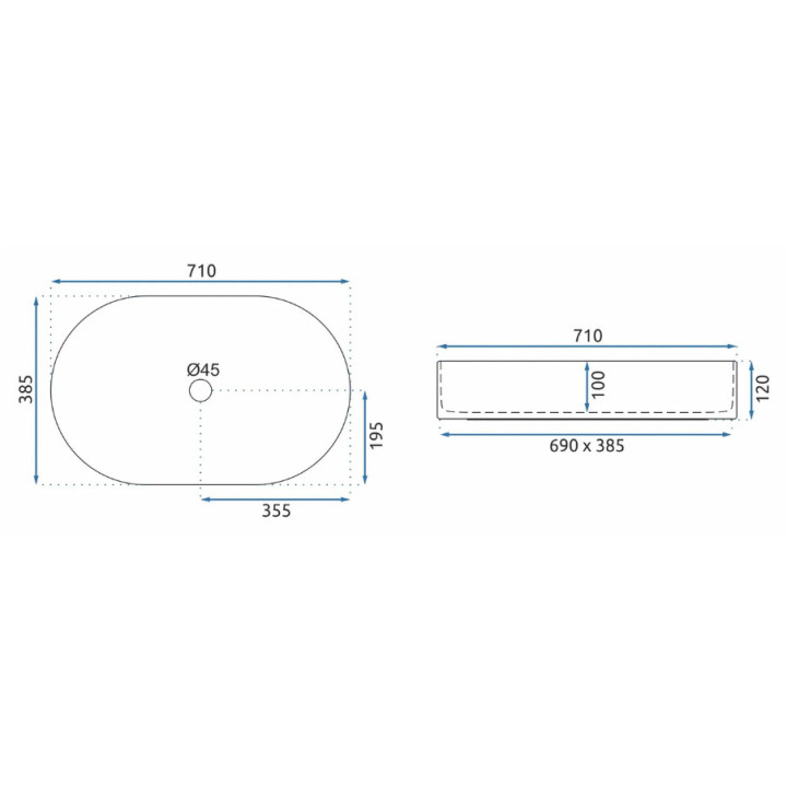 Umywalka nablatowa 71x38,5 cm, owalna, Rea Nadia - Biały