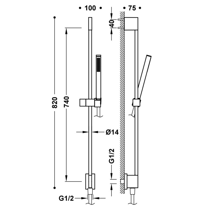 Zestaw drążek prysznicowy z przyłączem w ścianie, Tres Complementos Ducha - Czerń Matowa