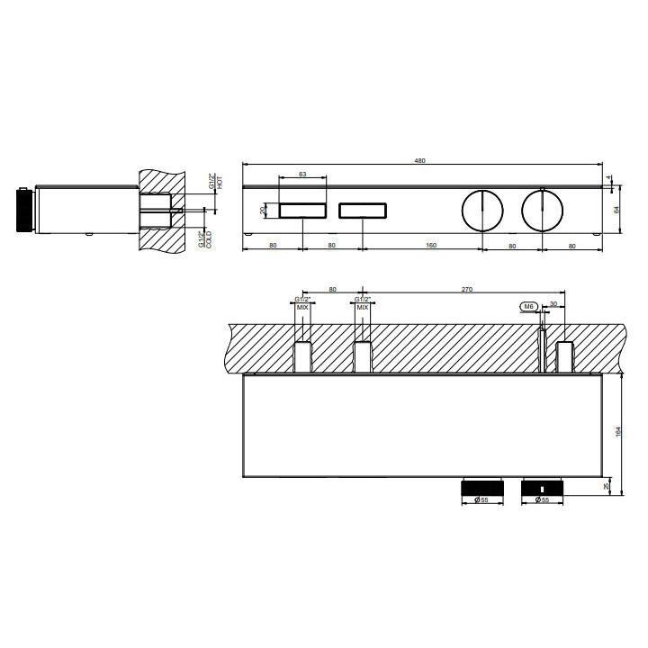 Termostatyczna bateria natryskowa, podtynkowa, 2 jednoczesne wyjścia wody, szklana półka, Gessi Hi-Fi Shelf - 708 Copper Brushed