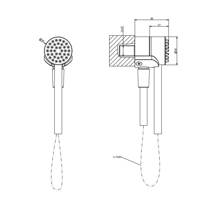 Magnetyczny zestaw natryskowy z odpływem wody, wężem elastycznym Darkflex o długości 1,50 m i główką przeciwwapienną, Gessi Hi-F