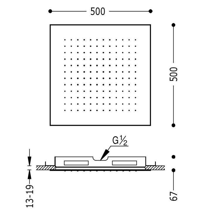 Deszczownica podtynkowa sufitowa 50x50 cm, Tres Complementos Ducha - Stal