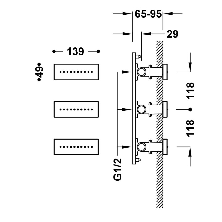 3 podtynkowe dysze z hydromasażem, Tres Complementos Ducha - Czerń Matowa